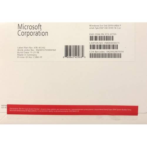 Microsoft Windows Server 2019 Standard 64bit 16 Core DVD PL