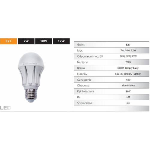 Żarówka LED E27 10W=60W 820lm 2700K BARWA CIEPŁA BIAŁA