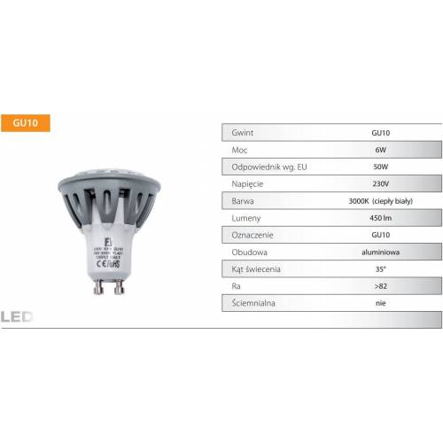 Żarówka LED GU10 CIEPŁA ALUMINIUM 40W 6W 230 450lm