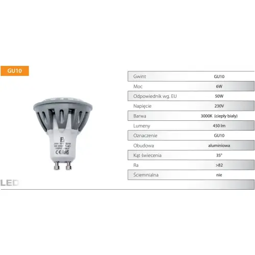 Żarówka LED GU10 CIEPŁA ALUMINIUM 40W 6W 230 450lm Żarówka LED GU10 CIEPŁA ALUMINIUM 40W 6W 230 450lm