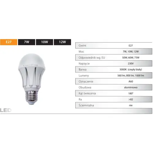 Żarówka LED E27 12W=75W 1000lm BARWA CIEPŁA BIAŁA Żarówka LED E27 12W=75W 1000lm BARWA CIEPŁA BIAŁA